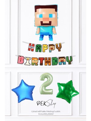 Pekshop Minecraft Tema Doğum Günü Steve Balonlu Yıldızlı Doğum Günü Balon Seti