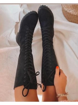 Miss Zülüf Uzun Bot Siyah Suet Çizme Postal Kaymaz Taban Kışın Sıcak Tutan Iç Astarı