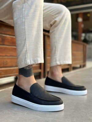 Baybonza BA0241 Bağcıksız Yüksek Taban Siyah Beyaz Taban Cilt Erkek Ayakkabı