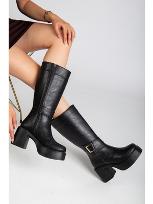 Miss Zülüf Kadın Diz Altı Toka Suslemeli 7 cm Topuk Çizme