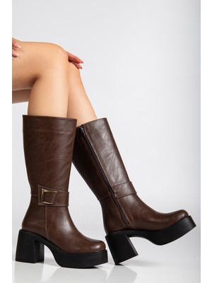 Miss Zülüf Kadın Diz Altı Toka Suslemeli 7 cm Topuk Çizme