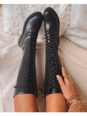 Miss Zülüf Uzun Bot Siyah Çizme Postal Kaymaz Taban Kışın Sıcak Tutan Iç Astarı