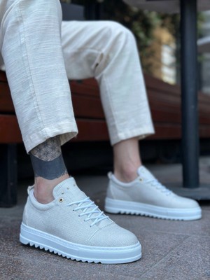 Baybonza BA0152 Bağcıklı Yüksek Taban Krem Keten Erkek Ayakkabı