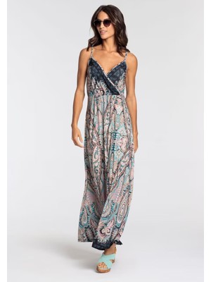 Şans Kadın Büyük Beden Renkli, Ip Askılı, Anvelop Yaka, Şal Desen Uzun Elbise 65N39048