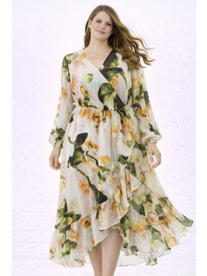 Şans Kadın Büyük Beden Renkli, Çiçek Desenli, Bel Lastikli, Anvelop Şifon Elbise 65N39283