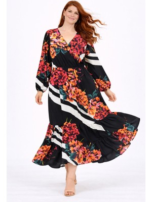 Şans Kadın Büyük Beden Siyah, Anvelop Yaka, Etek Ucu Fırfırlı, Çiçek Desenli Uzun Elbise 65N39284