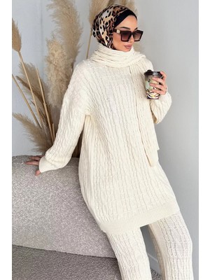 Julude Saç Örgülü Atkılı Tunik Pantolon Tesettür Triko Üçlü Takım P-00020307
