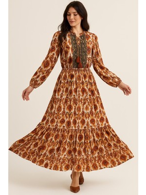 Şans Kadın Büyük Beden Kahve, Bel Kroşeta Detaylı, Kol Ağzı Lastikli, Desenli Maksi Elbise 65N39271