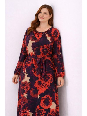 Şans Kadın Büyük Beden Siyah, Çiçek Desenli, Bisiklet Yaka, Bel Lastik ve Kuşaklı Uzun Elbise 65N39292