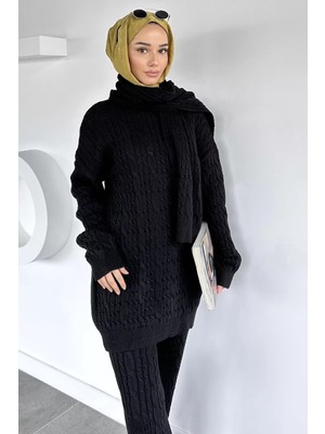 Julude Saç Örgülü Atkılı Tunik Pantolon Tesettür Triko Üçlü Takım P-00020307