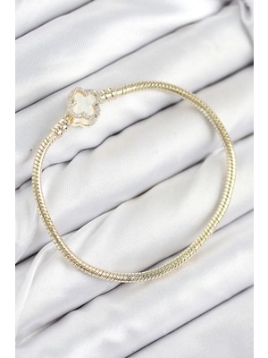 Mercansa Pirinç Charm Zirkon Taşlı Yonca Model Gold Renk Kadın Bileklik
