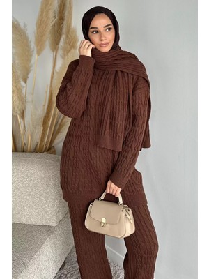 Julude Saç Örgülü Atkılı Tunik Pantolon Tesettür Triko Üçlü Takım P-00020307