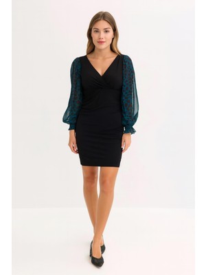 Şans Kadın Büyük Beden Siyah, Kol Şifon Detaylı, Anvelop Yaka Elbise 65N39263