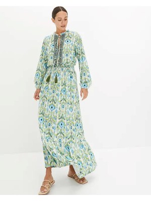 Şans Kadın Büyük Beden Turkuaz, Bel Kroşeta Detaylı, Kol Ağzı Lastikli, Desenli Maksi Elbise 65N39271