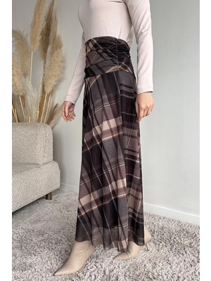 Julude Bel Büzgü Detaylı Ekose Desenli Tesettür Kiloş Etek P-00020320
