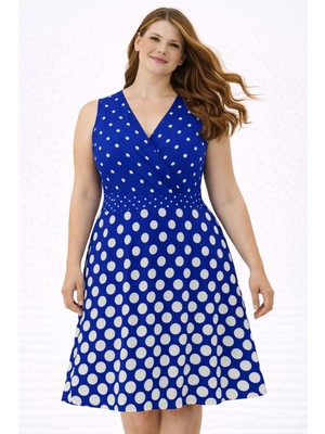Şans Kadın Büyük Beden Mavi, Puantiye Desenli, Anvelop Yaka, Arka Bel Kroşeta Detaylı Elbise 65N39270