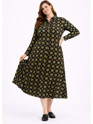 Şans Kadın Büyük Beden Siyah, Ön Düğme Kapama, Viskon Kumaş, Retro Elbise 65N39314