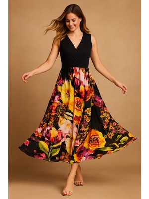 Şans Kadın Büyük Beden Siyah, Anvelop Yaka, Çiçek Desenli Viskon Elbise 65N39238