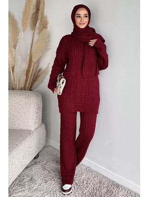 Julude Saç Örgülü Atkılı Tunik Pantolon Tesettür Triko Üçlü Takım P-00020307