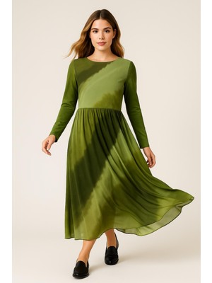 Şans Kadın Büyük Beden Yeşil, Astarlı Tül Elbise 65N39251