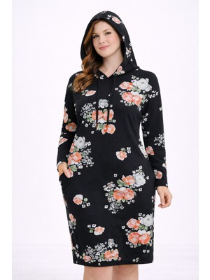 Şans Kadın Büyük Beden Siyah, Çiçek Desenli, Yan Cepli, Kapüşonlu Tunik Elbise 65N39297