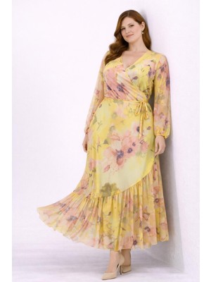 Şans Kadın Büyük Beden Sarı, Kol ve Etek Ucu Tül Detaylı, Anvelop Kesim Yan Bağlamalı Elbise 65N39293