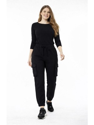 Şans Kadın Büyük Beden Siyah, Bel ve Paça Lastikli Kargo Cepli Eşofman Alt Pantolon