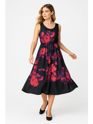 Şans Kadın Büyük Beden Siyah, Çiçek Desenli Bel Lastik Detaylı Elbise 65N39234