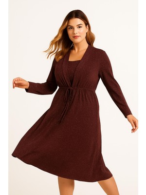 Şans Kadın Büyük Beden Bordo, Bel Bağcıklı Viskon Elbise 65N39246