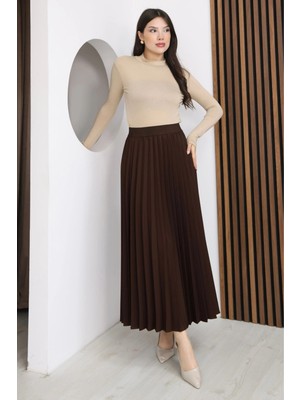 Lodmela Beli Lastikli Piliseli Etek 6017-KAHVERENGI