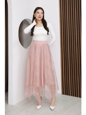 Lodmela Asimetrik Kesim Lastikli Dantel Etek 6002E-PUDRA