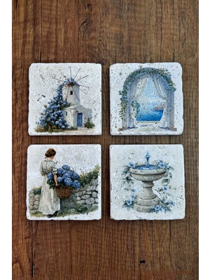 Begoloni Doğal Taş Bardak Altlığı - Santoini Temalı 10X10CM Stone Coasters