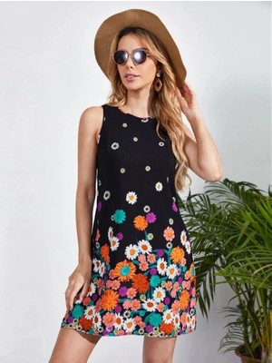 Arona Mdb Kadın Sıfır Kollu Bisiklet Yaka Çiçek Desenli Süprem Mini Elbise