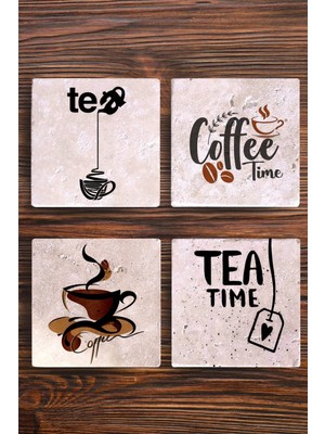 Begoloni Doğal Taş Bardak Altlığı 4'lü Set - Çay ve Kahve Temalı