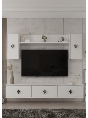 Demonte Decor 1370TV180DD-32 Duvara Montaj Tv Sehpası, Tv Ünitesi Beyaz-Gümüş