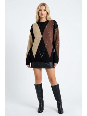 Newco Kadın Baklava Desenli Bisiklet Yaka Kahverengi Oversize Triko Kazak