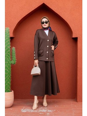 Tesettür Diyarı Lida Scuba Kumaş Etekli Tesettür Takım- Kahverengi