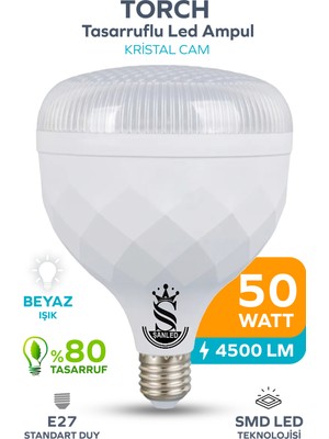 ŞANLED 50W KRİSTAL Tasarruflu E27 Beyaz Işık Torch Led Ampul-1-2-4-6-8-10 Adettir