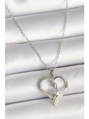 Eco Lounge 316L Çelik Gümüş Renk Zincir Zirkon Taş Detaylı Kalp Model Kadın Kolye