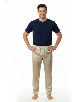 Oppland Erkek Saten Kumaş Pijama Pantolon Düz Renk Beli Lastikli Cepsiz Geniş Paça Rahat Kesim