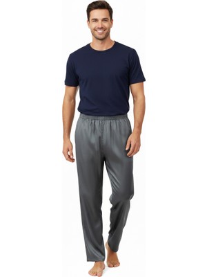 Oppland Erkek Saten Kumaş Pijama Pantolon Düz Renk Beli Lastikli Cepsiz Geniş Paça Rahat Kesim