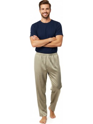 Oppland Erkek Saten Kumaş Pijama Pantolon Düz Renk Beli Lastikli Cepsiz Geniş Paça Rahat Kesim