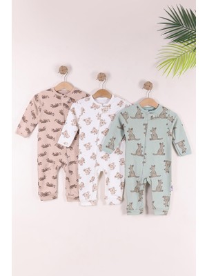 Kidello Kahve Koala Erkek Bebek Tulum Fermuarlı 3'lü Set Pamuklu 9-12-18 Ay