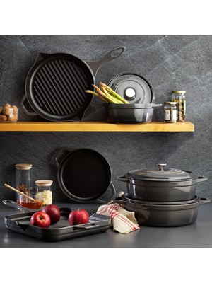 Schafer Guss Chef Döküm Basık Tencere 28 cm 2 Parça-Gri