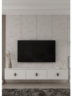 Demonte Decor 1372TV180DD-32 Duvara Montaj Tv Sehpası Beyaz-Siyah Altın