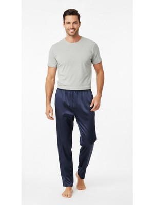 Oppland Erkek Saten Kumaş Pijama Pantolon Düz Renk Beli Lastikli Cepsiz Geniş Paça Rahat Kesim