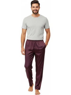 Oppland Erkek Saten Kumaş Pijama Pantolon Düz Renk Beli Lastikli Cepsiz Geniş Paça Rahat Kesim
