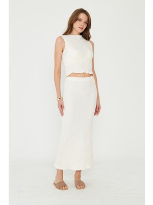 Camenta Crinkle Beyaz Kalem Etek ve Crop Ikili Takım