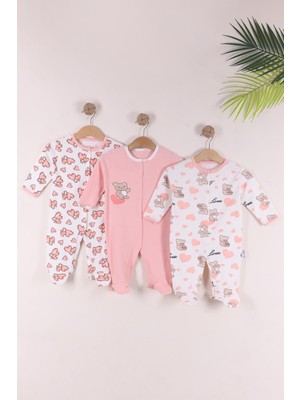 Kidello Pudra Love Ayı Baskılı Çıtçıtlı Patikli Bebek Tulumu 3-6-9 Ay