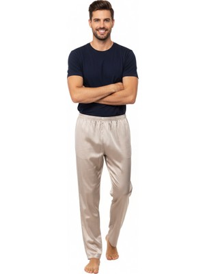 Oppland Erkek Saten Kumaş Pijama Pantolon Düz Renk Beli Lastikli Cepsiz Geniş Paça Rahat Kesim